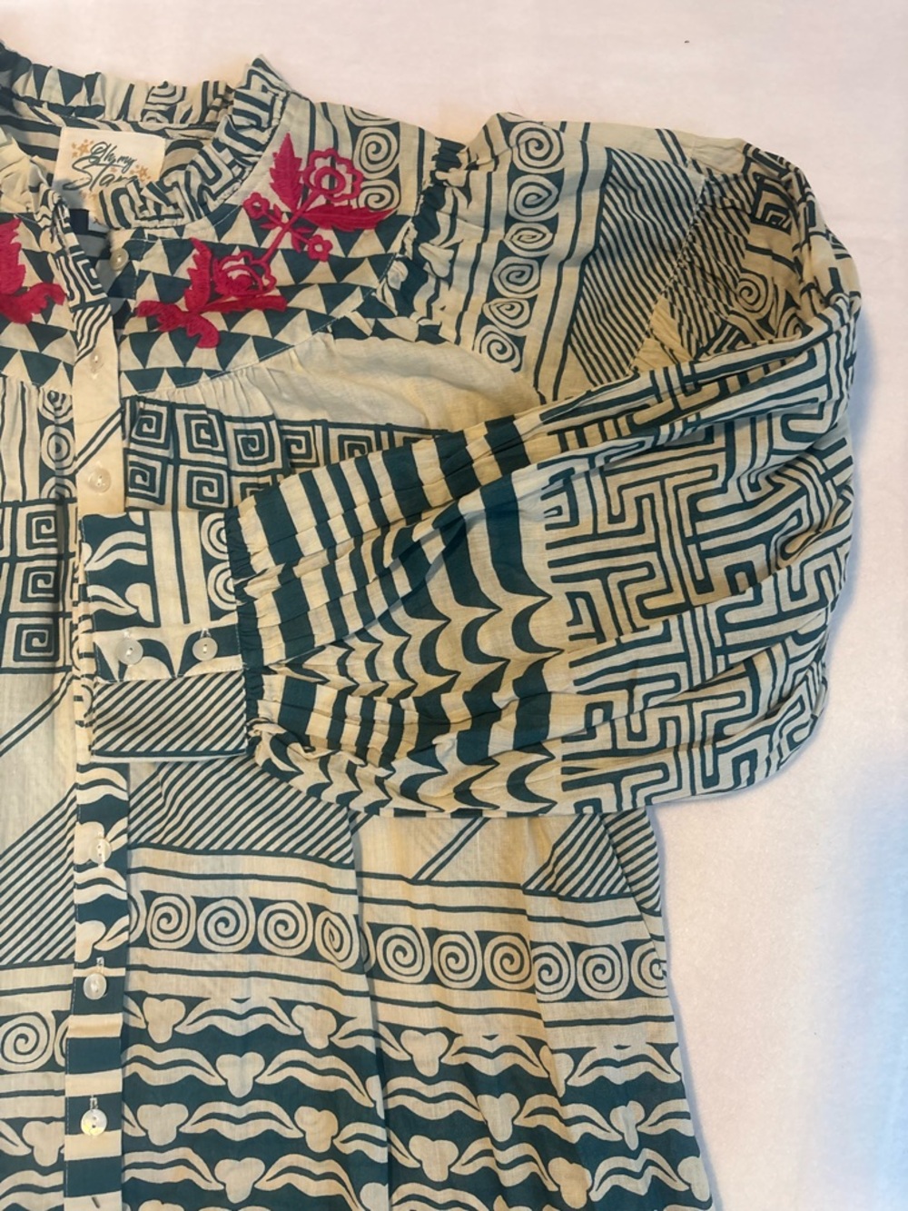 100% Cotton Blue and Cream Printed Button-Front Tunic Dress- Oh My Stars - Picture 7 of 10